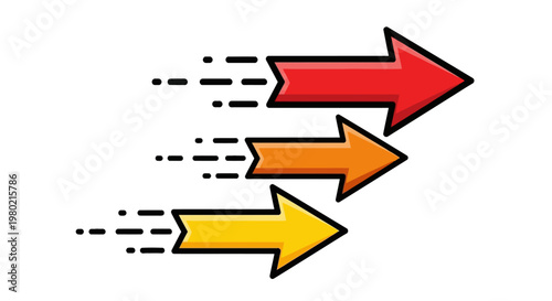 Modern vector graphic of three colorful arrows accelerating forward, symbolizing rapid progress, efficient advancement, and clear momentum, representing speed and growth dynamically