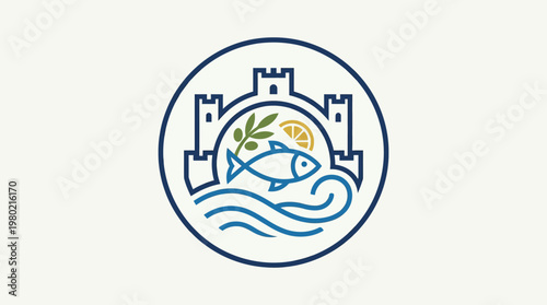 Minimalist Blue Emblem Featuring Castle Fish and Olive Branch