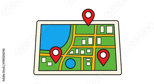 Stylized urban map with multiple red location markers, highlighting different points of interest for navigation and exploration