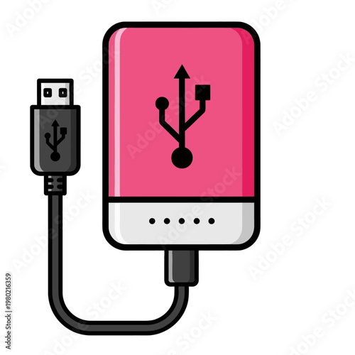 Vibrant pink portable power bank with a USB cable, illustrating essential mobile device charging and data transfer capabilities for modern digital lifestyles