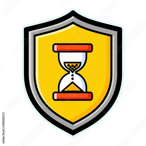 Bold vector illustration of a shield protecting an hourglass, symbolizing secure time management, deadline defense, and the safeguarding of valuable periods or project timelines