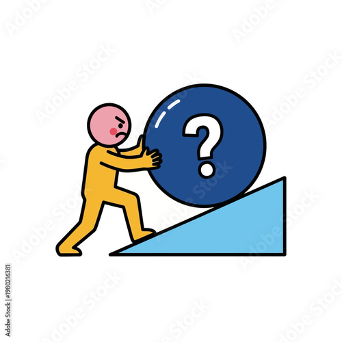 Illustration of a determined character pushing a question mark boulder up an incline, symbolizing the difficult journey of problem-solving, overcoming uncertainty, and achieving progress