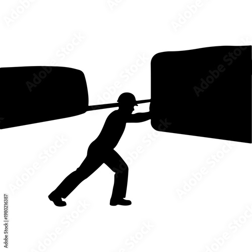 Silhouette of a person pushing two large objects apart.