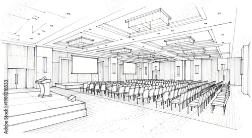 Detailed architectural sketch of a large conference hall interior.