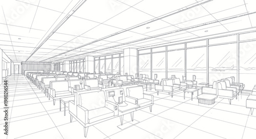 Detailed architectural sketch of a modern airport lounge interior with seating arrangements.