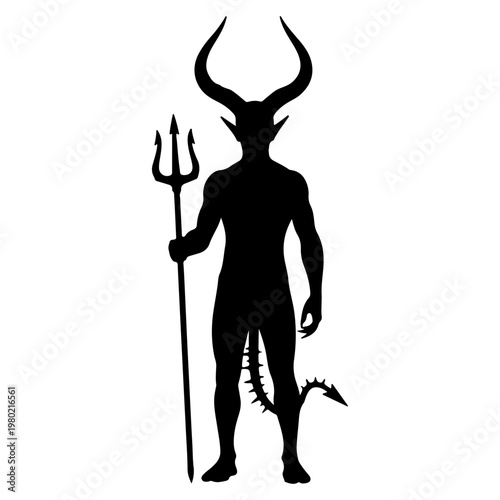 Silhouette of a horned demon holding a trident.