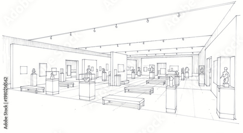Detailed architectural sketch of a modern art gallery interior with various exhibits.