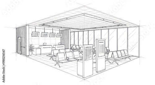 Detailed architectural sketch of a modern airport waiting lounge interior.