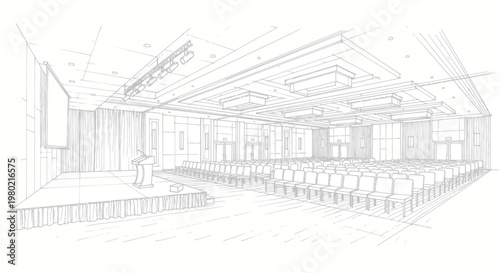 Detailed Architectural Sketch of a Modern Conference Room Interior Design.
