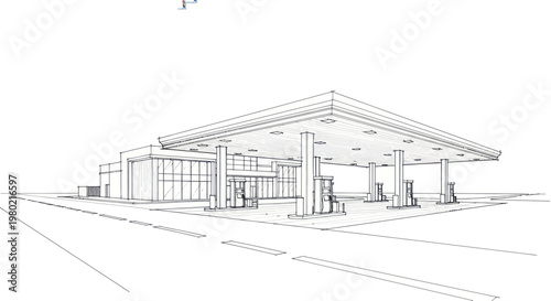Detailed architectural sketch of a modern gas station building with multiple fuel pumps.