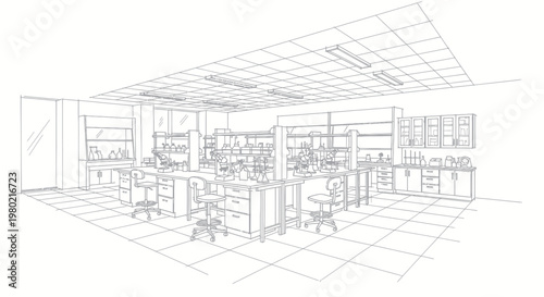 Detailed architectural sketch of a modern office interior with multiple workstations.