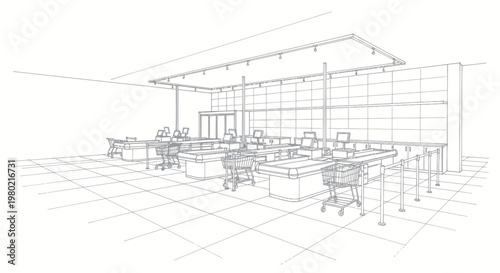 Detailed architectural sketch of a modern office interior with multiple workstations.