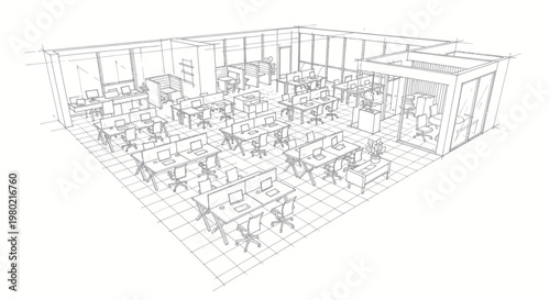 Detailed Architectural Sketch of a Modern Open-Plan Office Interior.