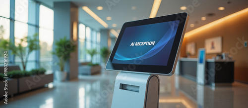 Modern AI Reception Kiosk in Professional Corporate Office Lobby