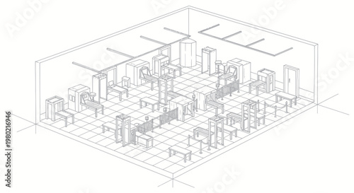 Detailed isometric wireframe drawing of a bustling office interior.