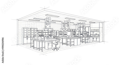 Detailed Line Drawing of a Modern Commercial Kitchen Interior Design.