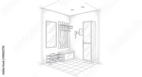 Detailed Sketch of a Modern Hallway Interior Design.