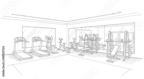 Detailed sketch of a modern gym interior with various exercise equipment.