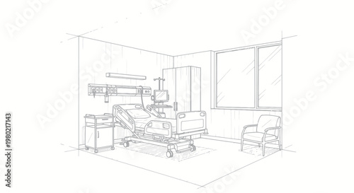 Detailed sketch of a modern hospital room with medical equipment.