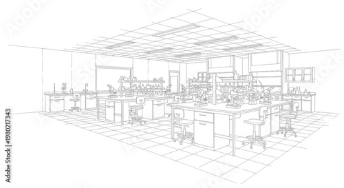 Detailed Wireframe Drawing of a Modern Laboratory Interior.