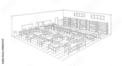 Detailed Wireframe of a Large Industrial Kitchen Layout with Multiple Workstations and Storage Units.