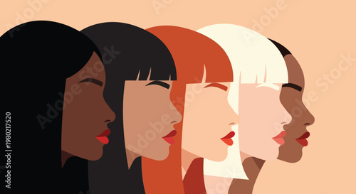 A diverse group of women depicted in profile showcasing varying skin tones and hairstyles against a peach background