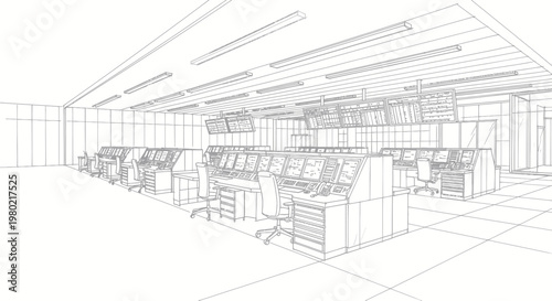 Detailed wireframe rendering of a modern control room with multiple workstations.