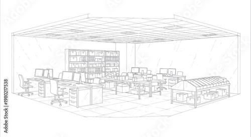 Detailed wireframe rendering of a modern office interior with multiple workstations.