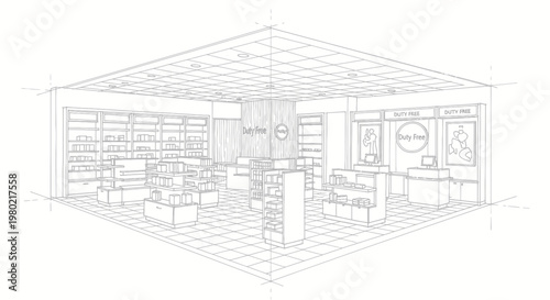 Detailed wireframe rendering of a modern retail store interior design.