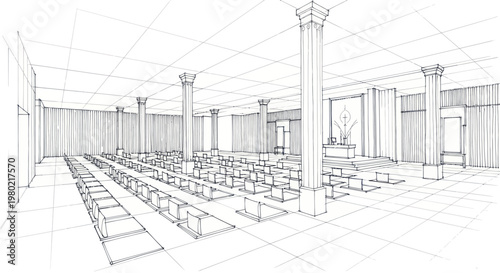 Elegant Ballroom with Rows of Chairs and Grand Columns.