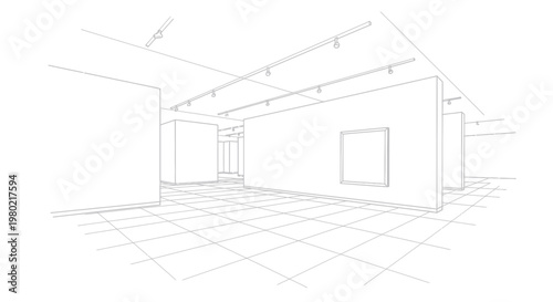 Empty Art Gallery Interior Sketch with Perspective Lines and Lighting Fixtures.