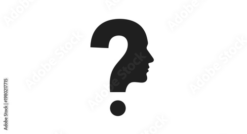 A striking black silhouette depicts a human head seamlessly integrated with a question mark
