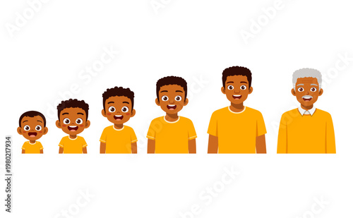 African American male characters smiling showing human life stages from baby to elderly in cartoon illustration style