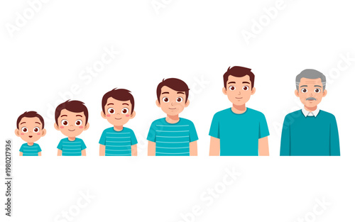 Happy smiling man growing up from baby to old age showing life stages and development illustration