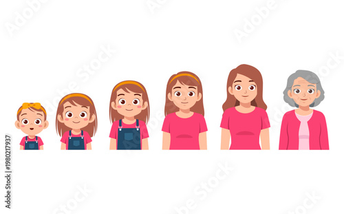 Happy smiling woman aging process from toddler to elderly with different hairstyles