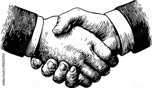 Hand Drawn Handshake Black and White Illustration in Minimal Line Art Style Design