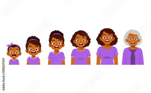 African American woman growing through life stages from baby to happy elder smiling illustration