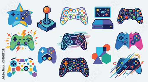 A vibrant collection of diverse video game controllers, showcasing a variety of styles, colors, and pixelated designs, representing the exciting world of gaming.