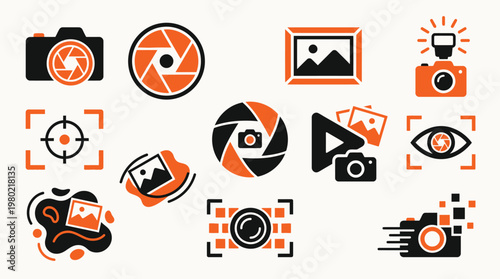 Collection of camera and photography icons, including cameras, lenses, frames, and focus targets, in a modern graphic style.