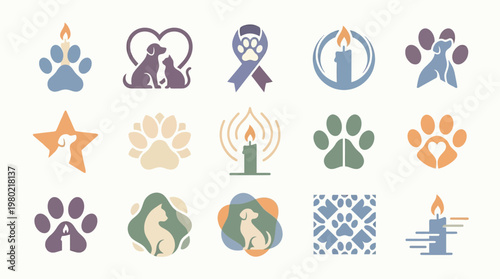 Collection of stylized icons representing pets, candles, and symbols of care and remembrance.