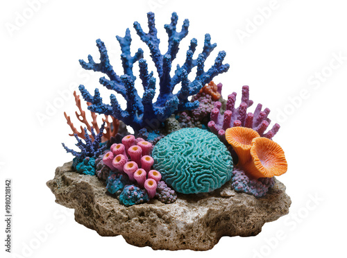 Bild auf Leinwand Isolated colorful artificial coral reef decoration on a rock base, vibrant aquat