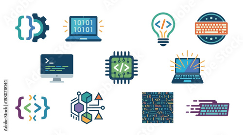 A vibrant collection of digital icons representing various aspects of technology, programming, and computer science.