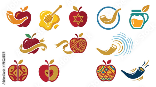 Collection of Rosh Hashanah symbols including apples, honey, and shofars, presented in various artistic styles.