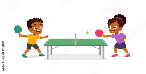 Happy African American children playing table tennis with paddles and ball joyful fun activity