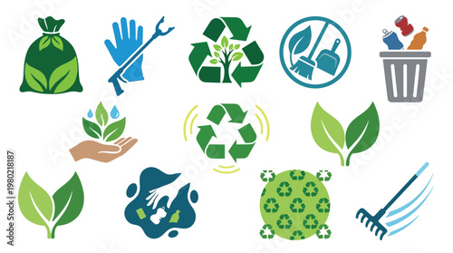 Collection of environmental icons representing recycling, sustainability, and eco-friendly practices.