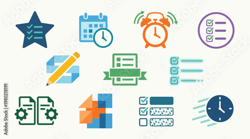 A collection of icons representing tasks, planning, time management, and organization, including checklists, calendars, and alarms.