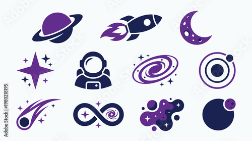 Collection of stylized space-themed icons including planets, rockets, astronauts, galaxies, and celestial bodies.