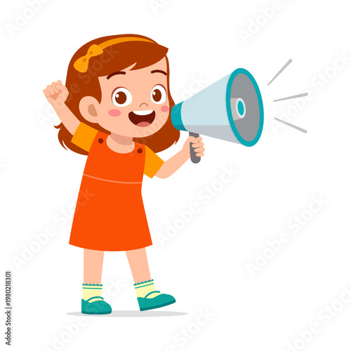 A happy enthusiastic East Asian cartoon girl holding a megaphone and making an announcement with a raised fist