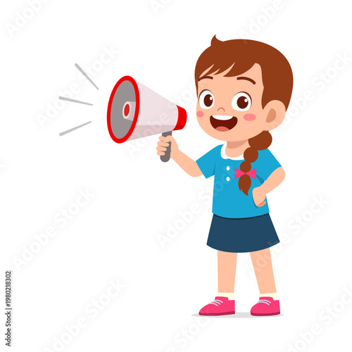 Happy smiling cartoon girl holding a red and white megaphone making an announcement cheerfully with enthusiasm