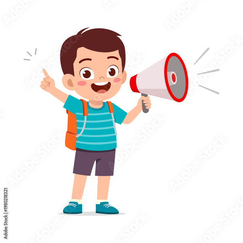 Happy young boy smiling and excited holding a megaphone wearing a backpack and pointing finger up with joyful mood
